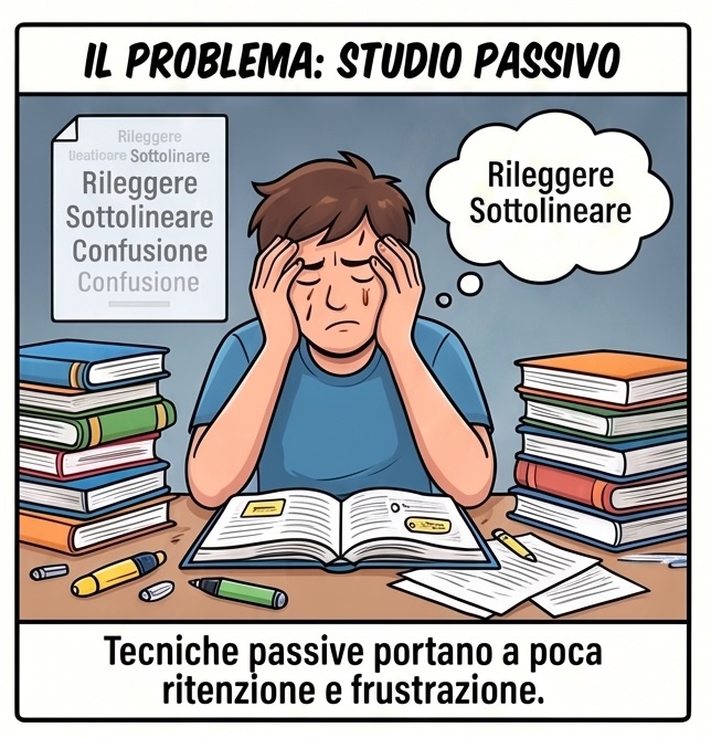 Uno studente frustrato che rilegge e sottolinea senza risultato: lo studio passivo