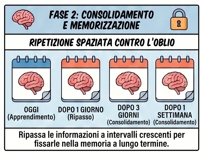 Fase 2: consolidamento e memorizzazione — la ripetizione spaziata contro l'oblio